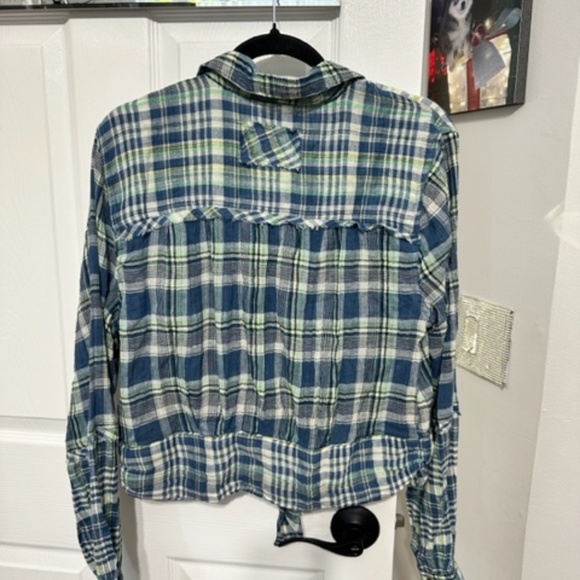 New Free People Plaid Chambray Combo Tie Front Top Cotton Blend size Large - Picture 2 of 3